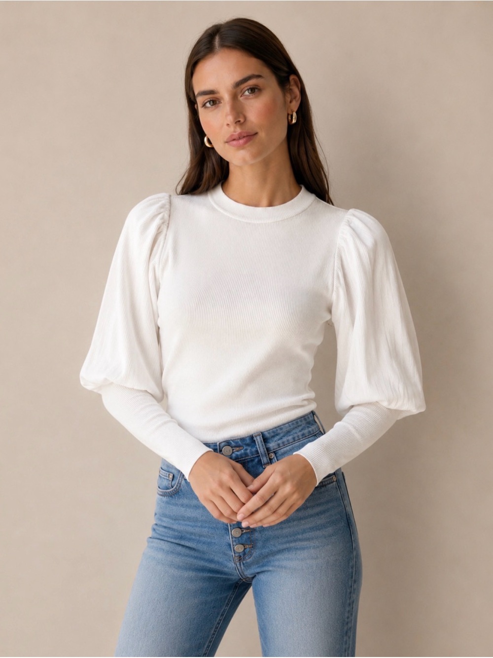 Veronica Beard Lyon Ribbed Puff Sleeve Knit Top White XS NWT